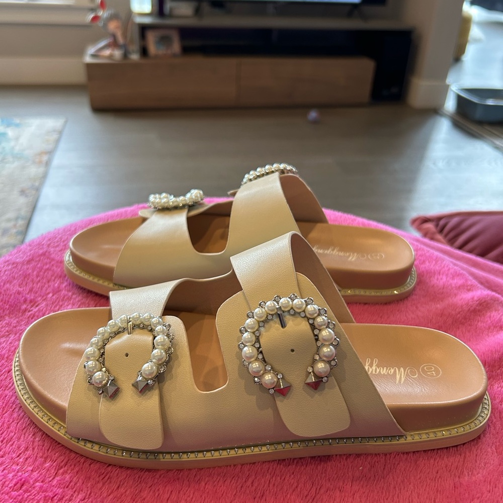 SCHUTZ Cream Double-Strap Sandals with Rhinestone Buckle